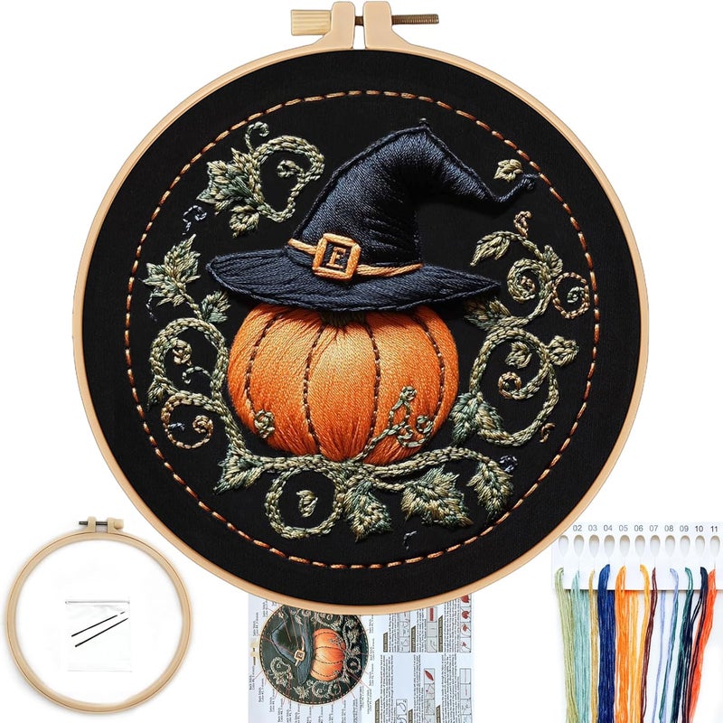 FONNUY Pumpkin Embroidery Kit for Beginners, Pre-Stamped Pattern Kits for Adults with Hoop, Easy to Follow Color Thread Needlework, 8'' Hoop (Witch Hat 4) - Image 1
